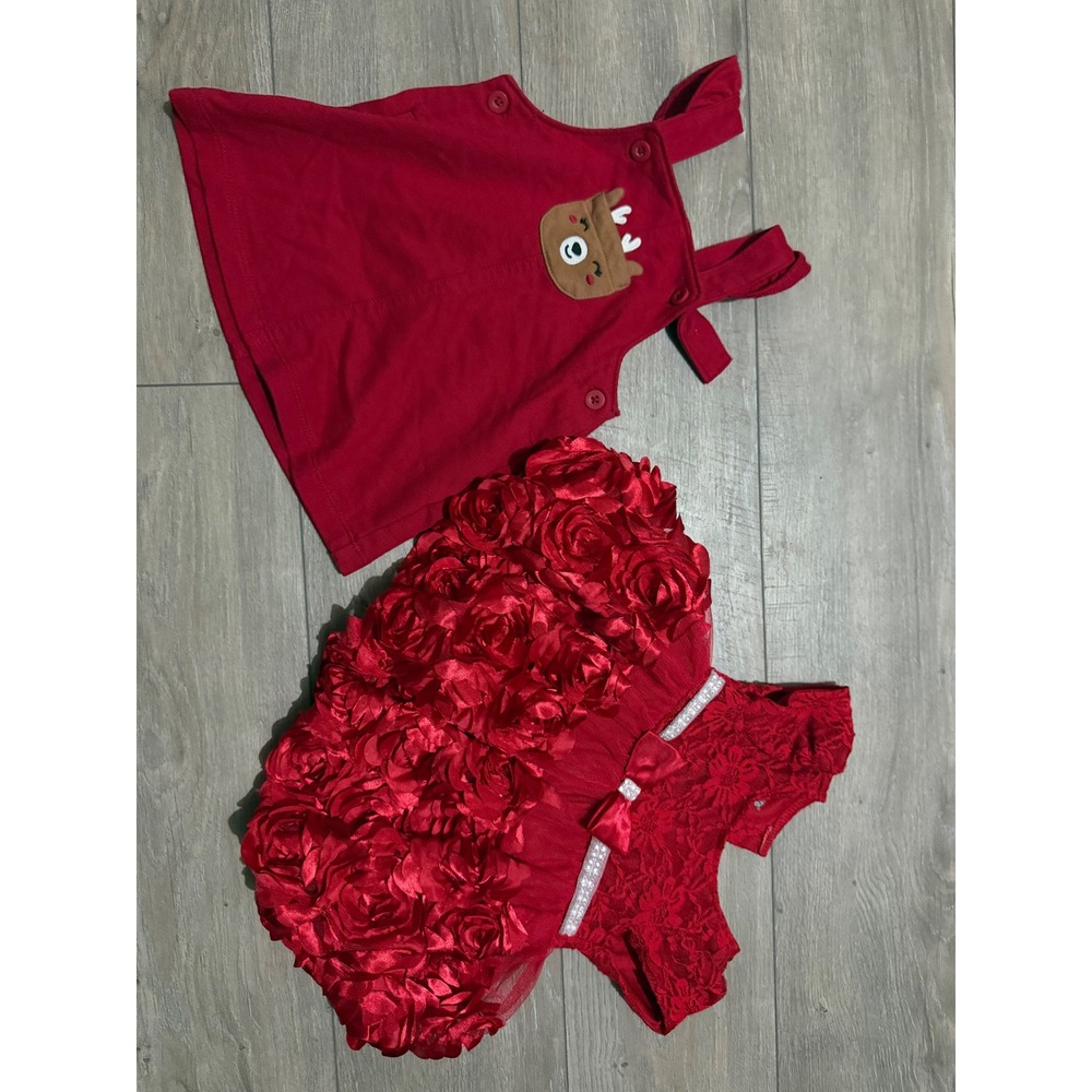 Carters Nannette Baby Girls Red Holiday Christmas Rosette Lace Dress Bundle 3-6M